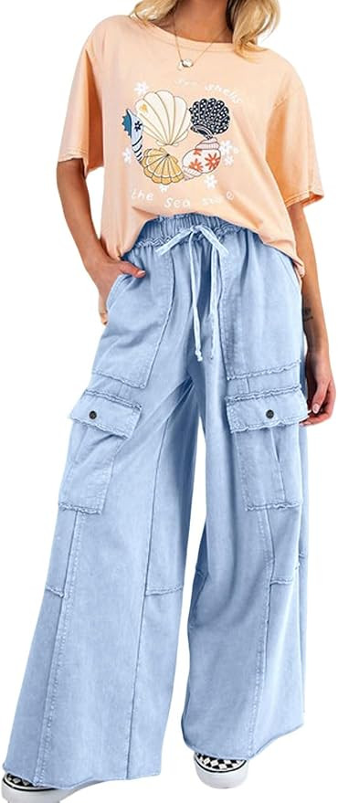 loveimgs Women 2025 Baggy High Waisted Wide Leg Cargo Pants Pockets Y2k Utility Pants Palazzo Swe... | Amazon (US)