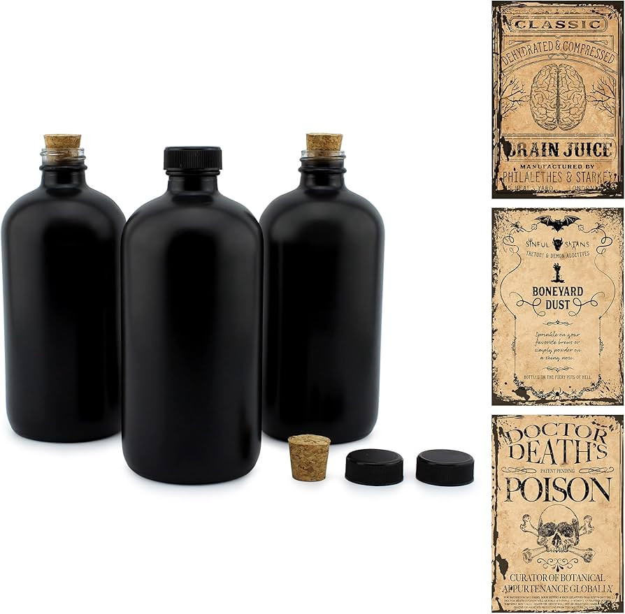 Cornucopia Brands Black 16-Ounce Glass Apothecary Bottles (3-Pack); Boston Round Bottles w/ Desig... | Amazon (US)