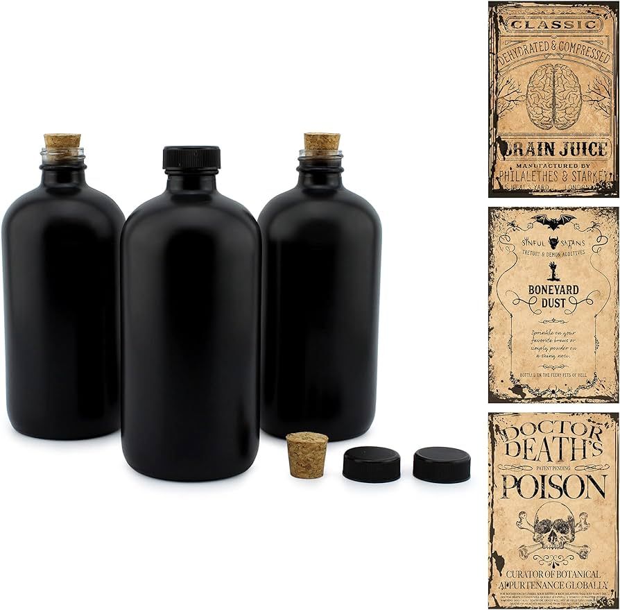 Cornucopia Brands Black 16-Ounce Glass Apothecary Bottles (3-Pack); Boston Round Bottles w/ Desig... | Amazon (US)