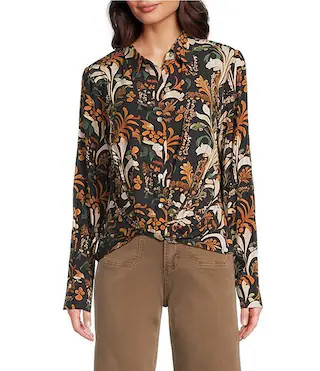 Charlie B. Satin Printed Point Collar Long Sleeve Button Down Shirt | Dillard's | Dillard's