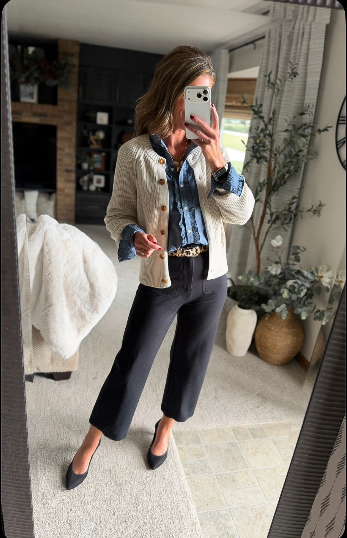 Target new release. Loving this chambray top and cardigan 🎯 
Top/ small
Cardigan/ small
Pants/ 8

#LTKSeasonal #LTKOver40 #LTKWorkwear