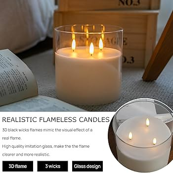 Extra Large Flameless Candles with 3 Wicks, 6"x6" Glass Battery Operated Candles with Remote, Rea... | Amazon (US)