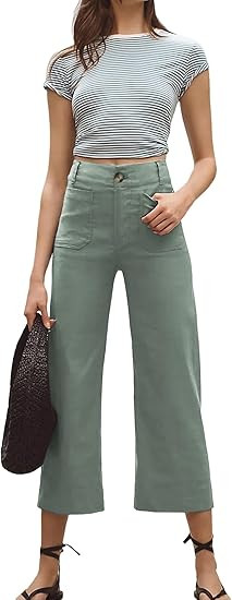 Womens Linen Pants Cropped Wide-Leg Pants Casual High Waist Baggy Pants Stretchy Straight Trouser... | Amazon (US)