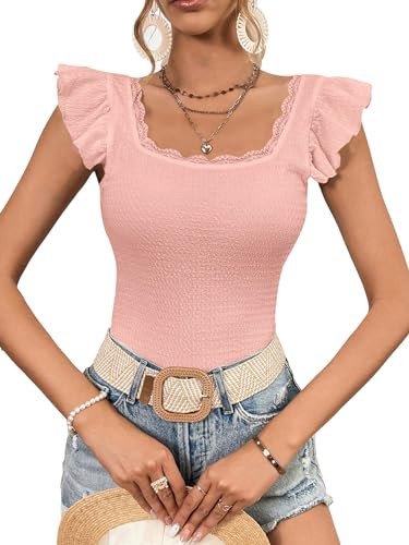 SweatyRocks Women's Ruffle Cap Sleeve Square Neck Tee Top Contrast Lace Slim Fit T Shirts Coral Pink Large | Amazon (US)