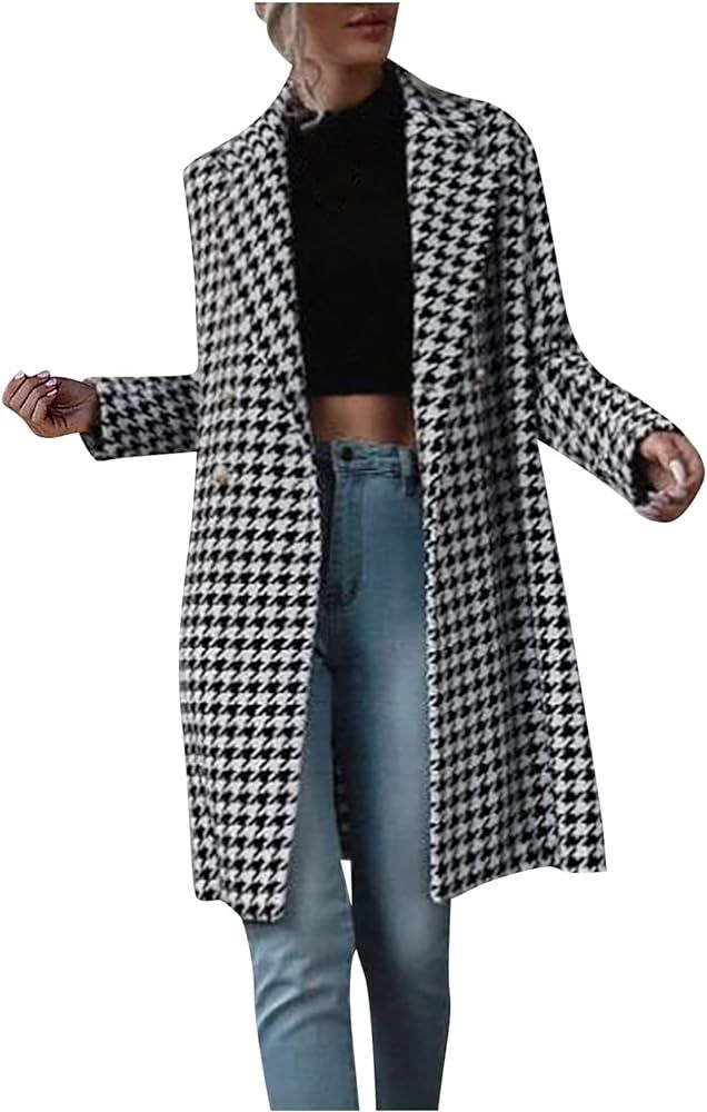 5665 Women's Long Houndstooth Trench Jacket Elegant Notched Lapel Woolen Cloth Coat Fashion Double B | Amazon (US)