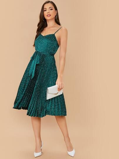 SHEIN Polka Dot Pleated Hem Belted Satin Dress | SHEIN