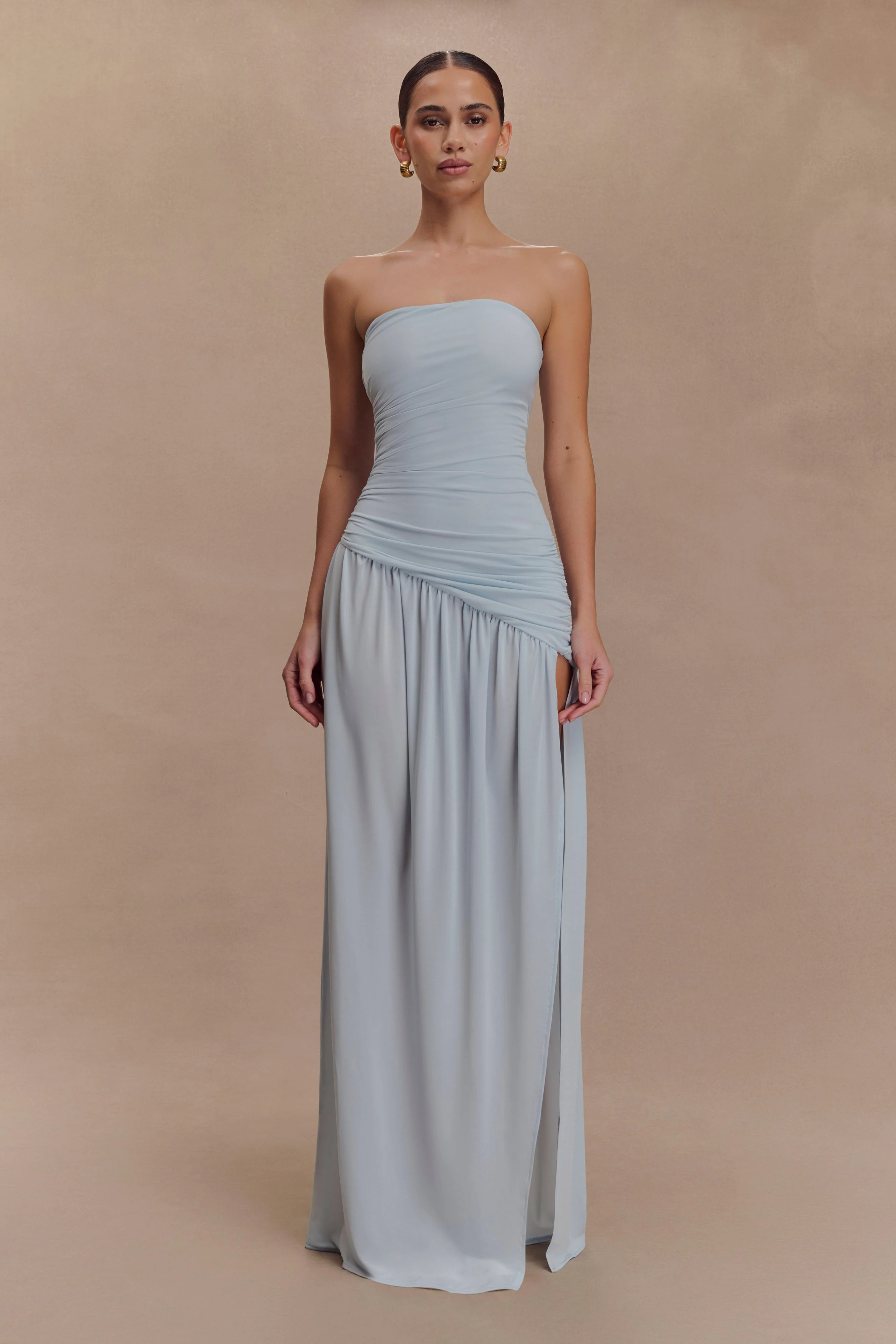Bex Strapless Slinky Maxi Dress With Split - Pale Blue | MESHKI US