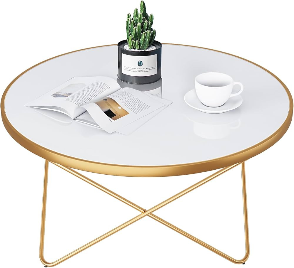 KithKasa Mid Century Modern Round Gold Coffee Table with White Glass and Metal Frame Central Tabl... | Amazon (US)