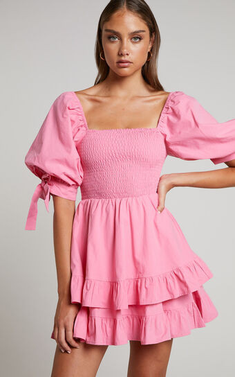 Chelle Shirred Short Tie Sleeve Mini Dress in Pink | Showpo (US, UK & Europe)