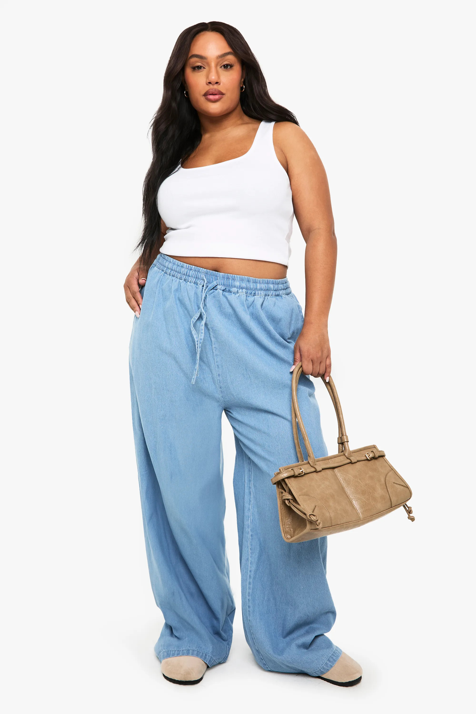 Mid Blue Plus Chambray Drawstring Wide Leg Trouser | Boohoo | Boohoo.com (UK & IE)