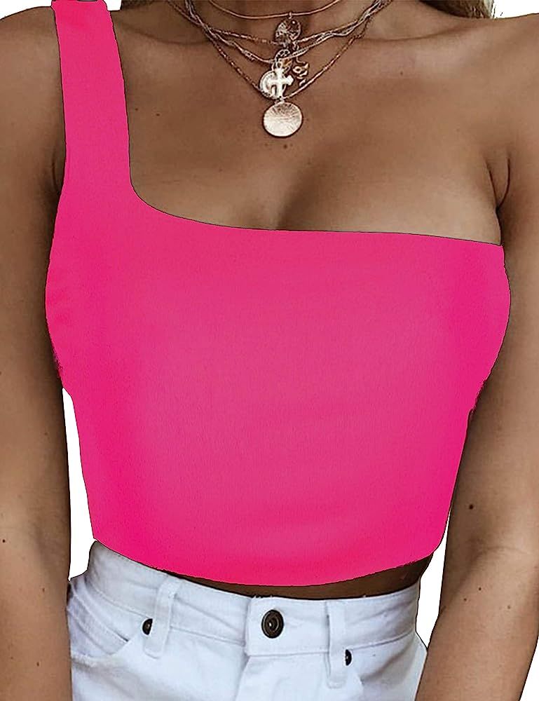 KAMISSY Women's Sexy One Shoulder Sleeveless Plain Crop Top | Amazon (US)
