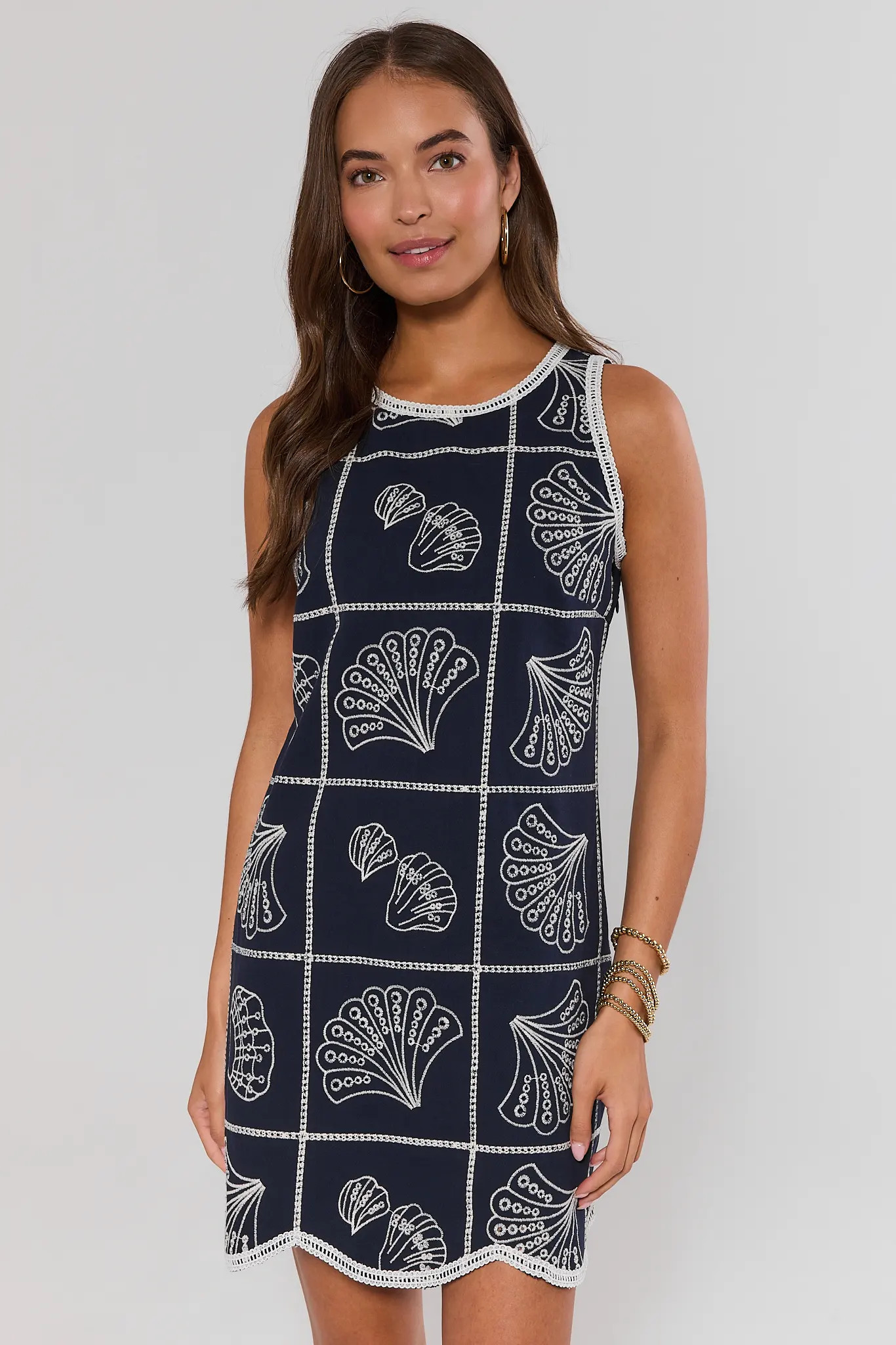 Navy Shell Embroidered Short Dress | Avara