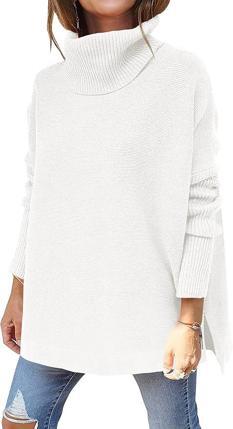 Caracilia Women's Turtleneck Oversized Knit Sweater 2022 Fall Long Batwing Sleeve Spilt Hem Pullo... | Amazon (US)