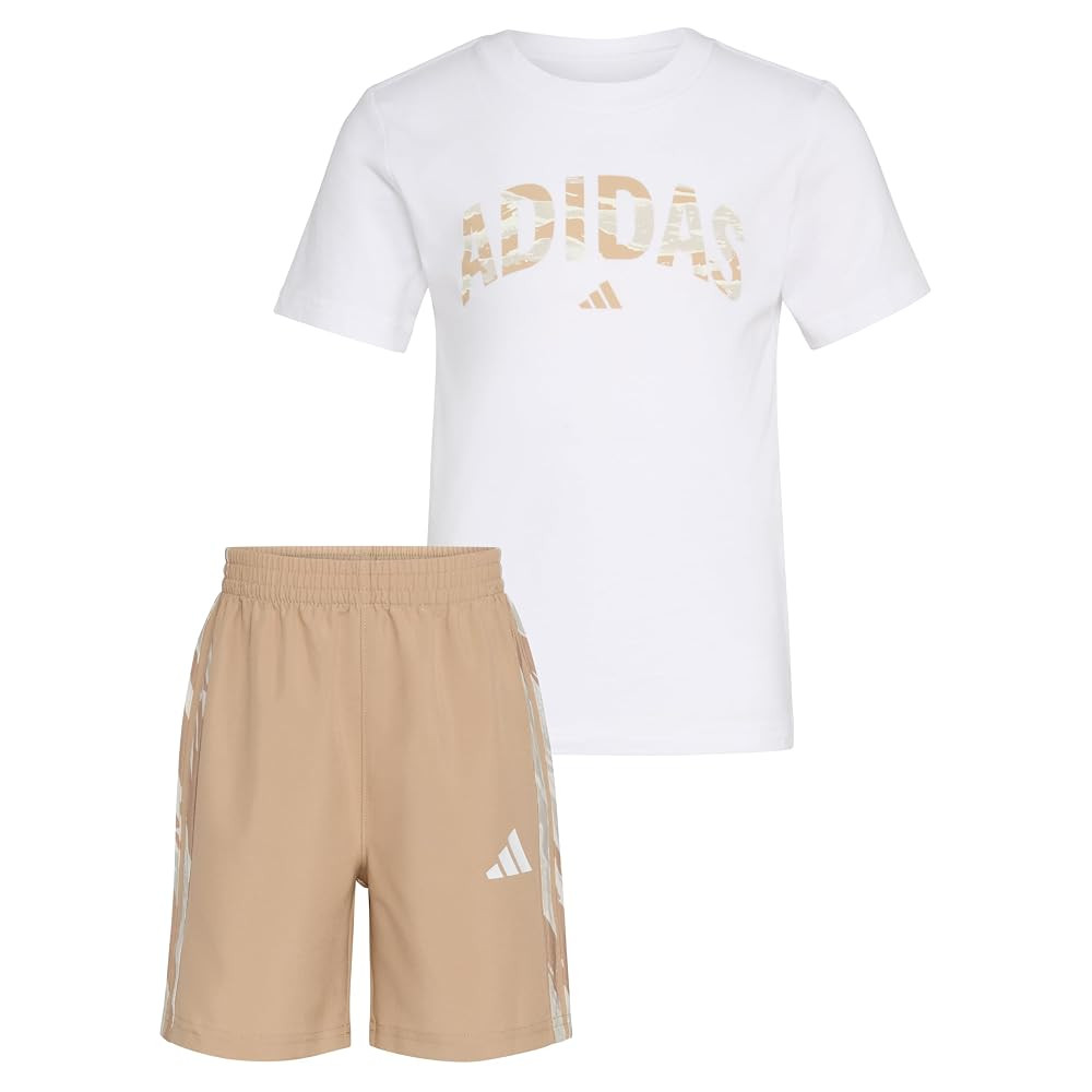 adidas Boys Short Sleeve Cotton Tee Shirt and Camo 3-stripe Woven Short Set | Amazon (US)