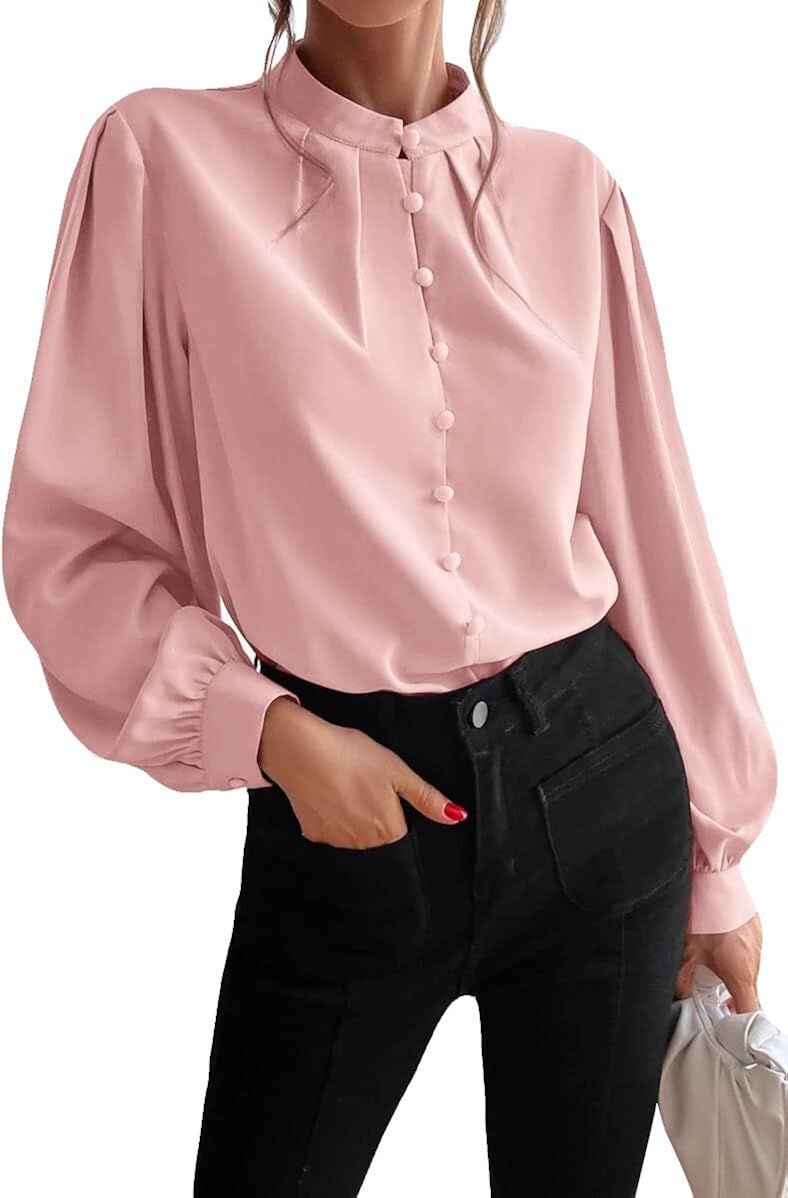 PLNOTME Women's Long Sleeve Shirts Dressy Casual Mock Neck Button Down Work Blouses | Amazon (US)