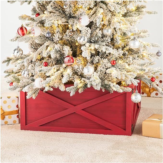 Glitzhome 26" L Red Wooden Tree Collar Tree Stand Cover Christmas Tree Skirt Tree Box | Amazon (US)