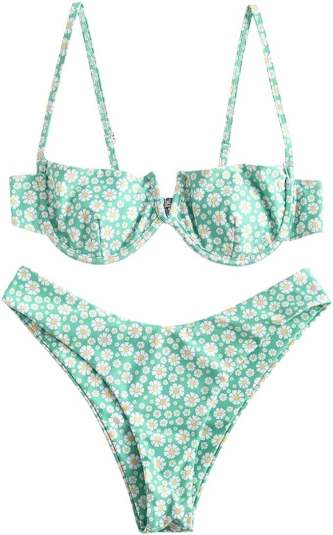 ZAFUL Women's Floral V-Wired Underwire High Leg Two Piece Bikini Set Swimsuit | Amazon (US)
