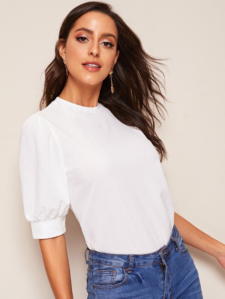 SHEIN Keyhole Back Mock-neck Puff Sleeve Top | SHEIN