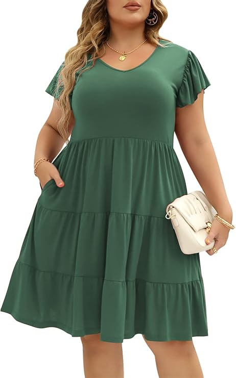 Celkuser Womens Plus Size Ruffle Sleeve Tiered Casual Summer Loose Swing Midi Dress with Pockets | Amazon (US)