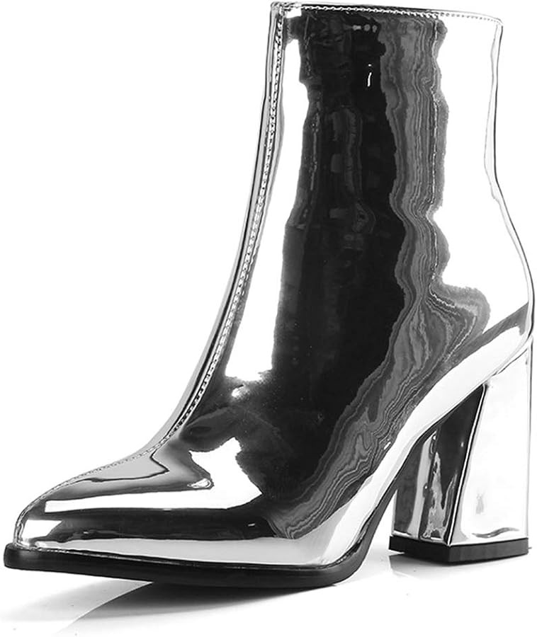 Starella Women's Metallic Ankle Boots Shiny Chunky Heel Go-go Party Dress Bootie | Amazon (US)