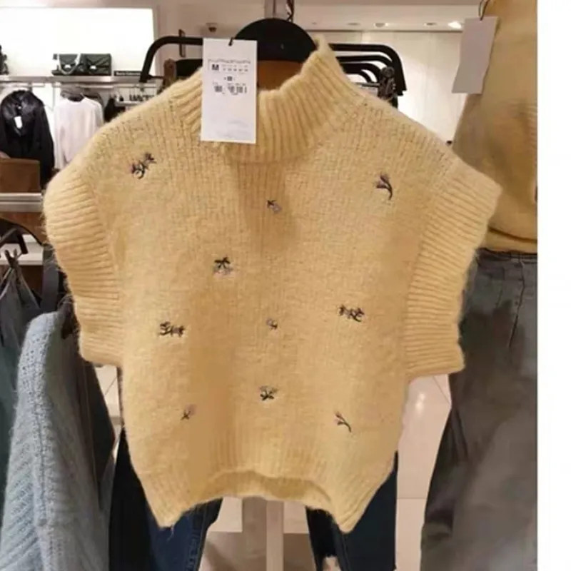 vintage sweet floral embroidery yellow knitted vest sweater women fashion high neck sleeveless fe... | DHGate