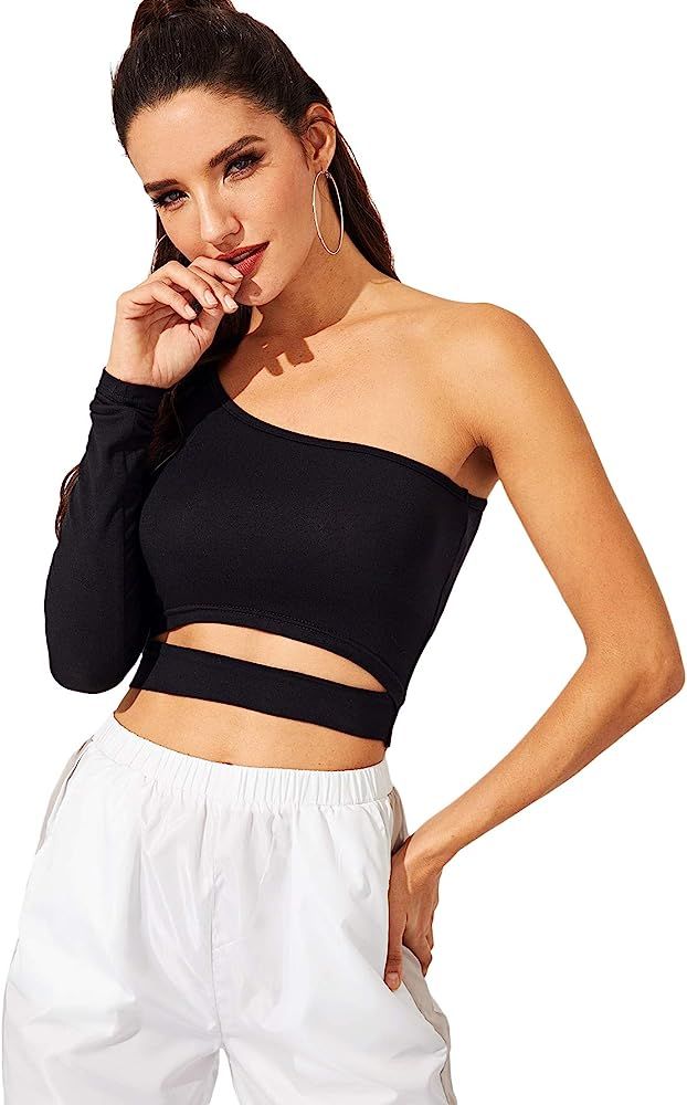 SweatyRocks Women's Cutout Waist Long Sleeve One Shoulder Crop Top T Shirt | Amazon (US)