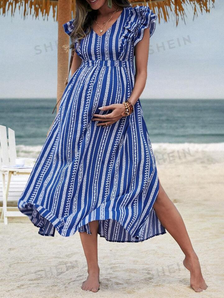 SHEIN Pregnant Women's Striped Flying Sleeve A-Line Dress | SHEIN