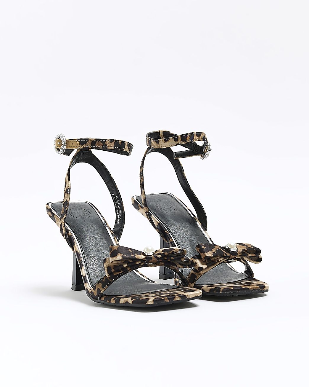 Brown animal print pearl bow heeled sandals | River Island (UK & IE)