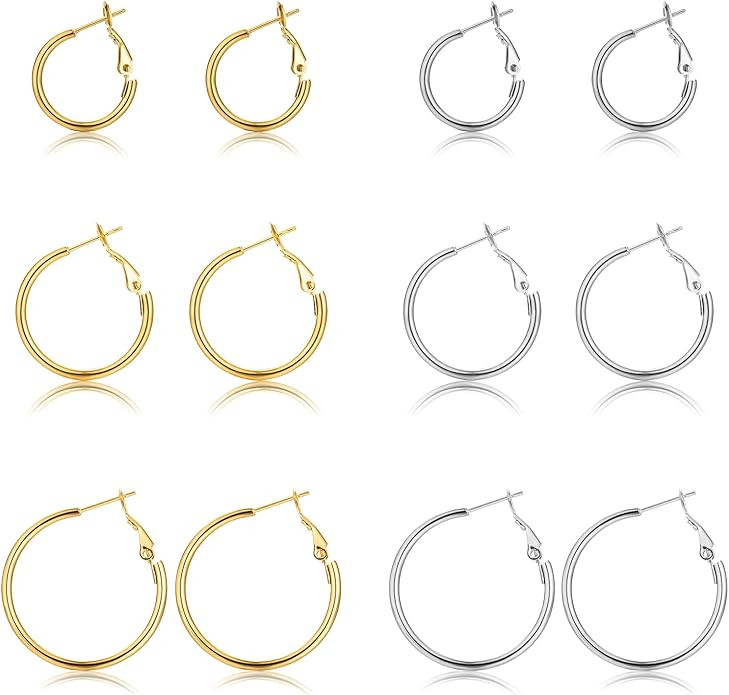 6 Pairs Gold Silver Hoop Earrings for Women, 14K Gold Plated Stainless steel Hoop Earring for Wom... | Amazon (US)