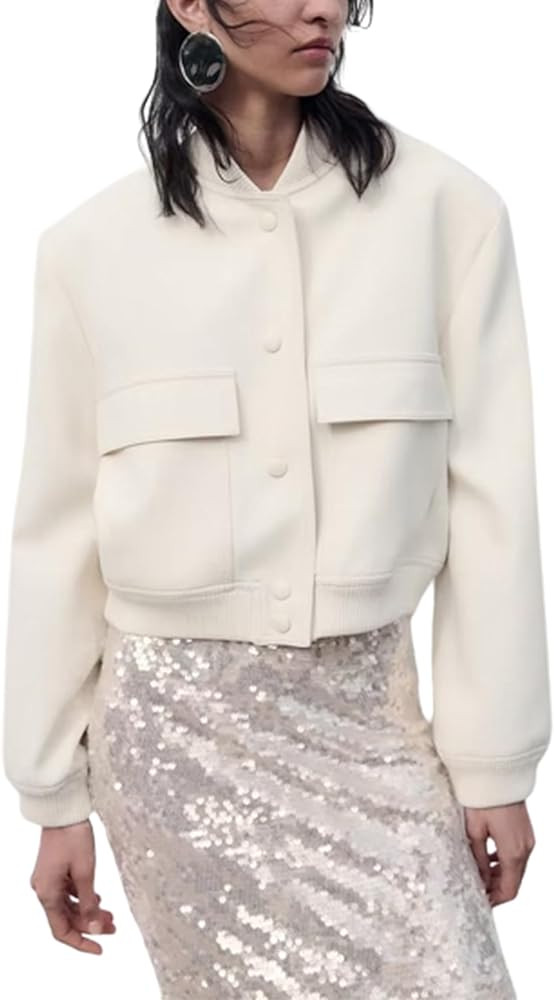 Yidarer Women's Cropped Bomber Jackets Casual Button Down Varsity Jacket Coat with Pockets | Amazon (US)