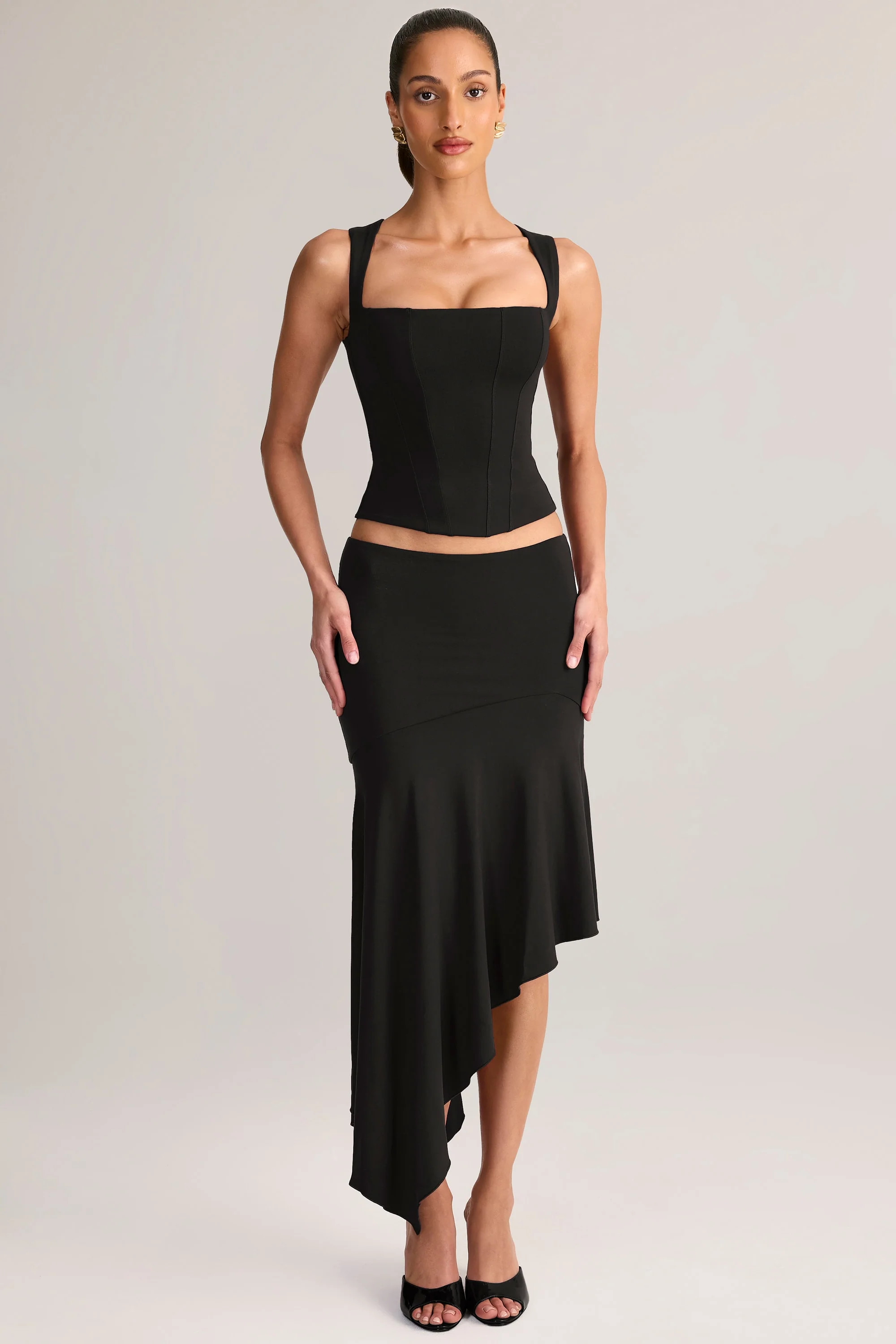 Modal Low-Rise Asymmetric Midaxi Skirt in Black | Oh Polly