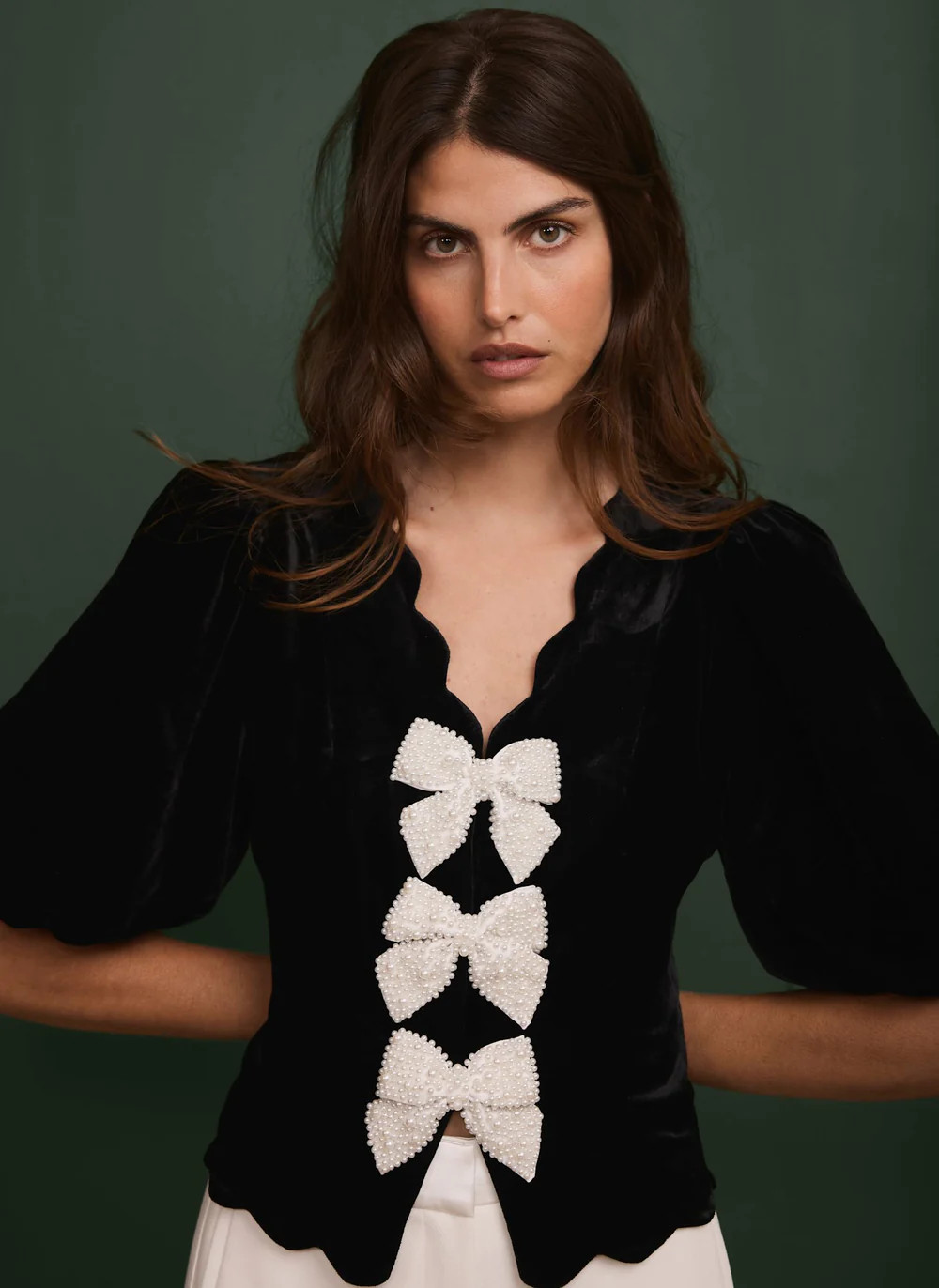 Black Velvet Bow Detail Scallop Trim Top | Mint Velvet
