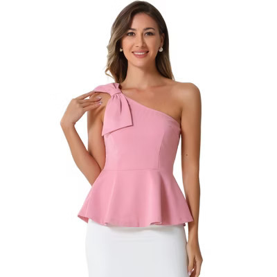 INSPIRE CHIC Women's Solid Color Bow Ruffled One-Shoulder Peplum Top Pink Small | Target