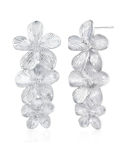 18K Gold Plated Large Chunky Flower Statement Earrings for Women by SNGIA, Summer Beach Floral Handmade Drop Jewelry, Maximalist Wedding Date Birthday Gift, Bold Exaggerated Textured Dangle Trendy Ribbed Jewelry, 18K Gold Plated Chandelier Fashion Accessories, Vintage Hammered Thick Nickle Free Gifts. (Silver Plated, Triple Floral) | Amazon (US)