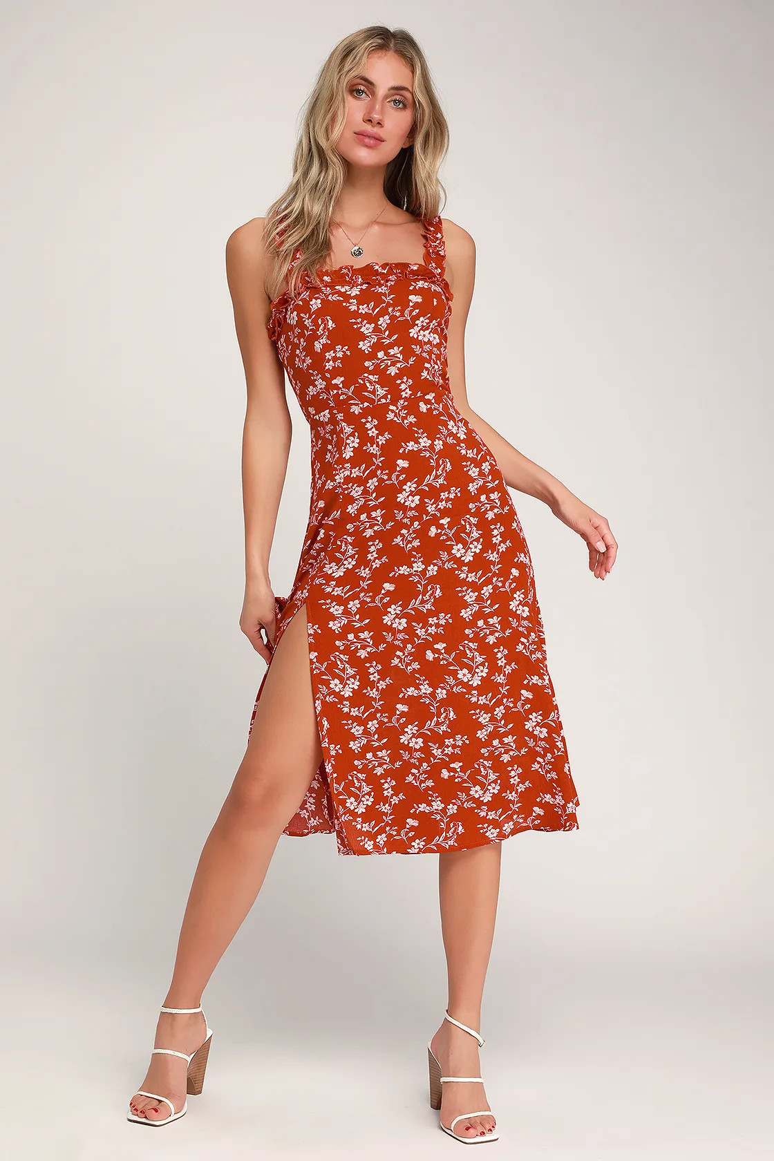 Garden Date Red Orange Floral Print Ruffle Midi Dress | Lulus