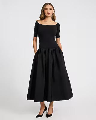 Off The Shoulder Mixed Media Drop Waist Maxi Dress with Pockets | Express
