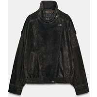 Zara - 100% Suede Leather Biker Jacket With Covered Buttons - Charcoal - Xs - Woman | Zara AU