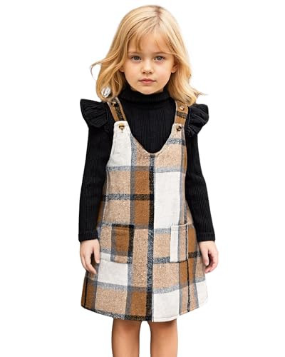 3T Toddler Girl V Neck Corduroy Pinafore Overall Jumper Dress Turtleneck Long Sleeve T-Shirt and Plaid Dresses Set 2 Pieces Fall Winter Outfits 3 Years Old Spring Clothes, 3-4T, Brown | Amazon (US)