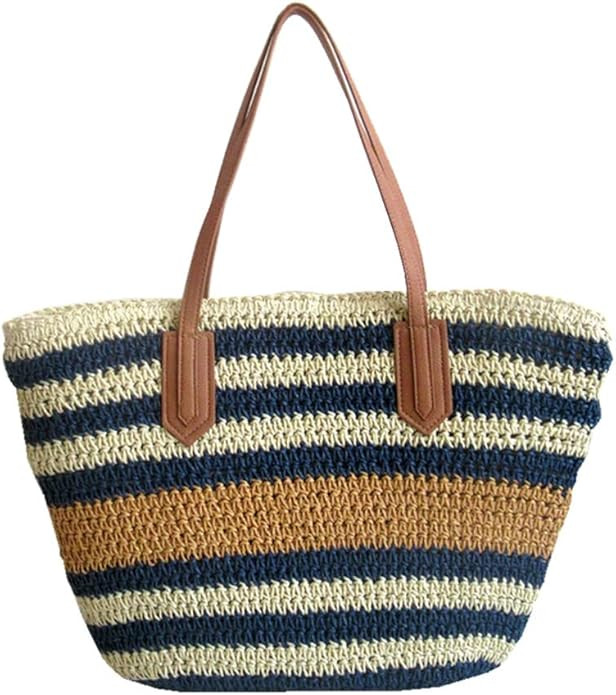 Burkburg Straw Beach Tote Bag Summer Woven Shoulder Bag Purse with Zipper, Stripe Navy | Amazon (US)