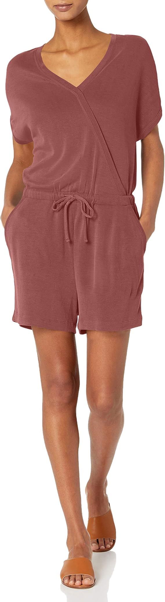 Amazon Brand - Daily Ritual Women's Sandwashed Modal Blend Short-Sleeve Overlap Romper | Amazon (US)