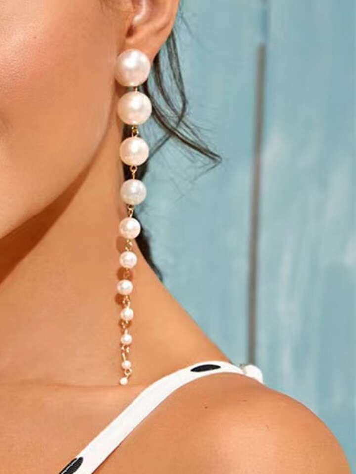 1pair Faux Pearl Decor Long Drop Earrings | SHEIN