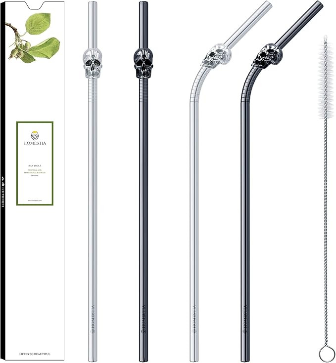 Homestia Reusable Metal Straws in Black & Silver Stainless Steel Straws with Skull Decor 10.5" Ha... | Amazon (US)