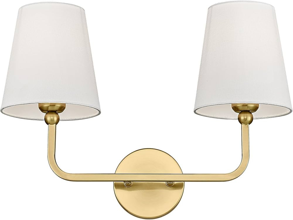 2 Light Bathroom Vanity Light, Brushed Gold Double Wall Sconce with Flared White Fabric Shade, Mo... | Amazon (US)
