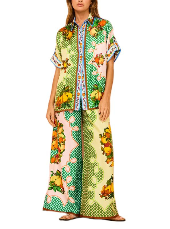 Women Vintage Graphic 2 Piece Outfit Short Sleeve Button Blouse Wide Leg Lounge Pants Set Summer ... | Amazon (US)