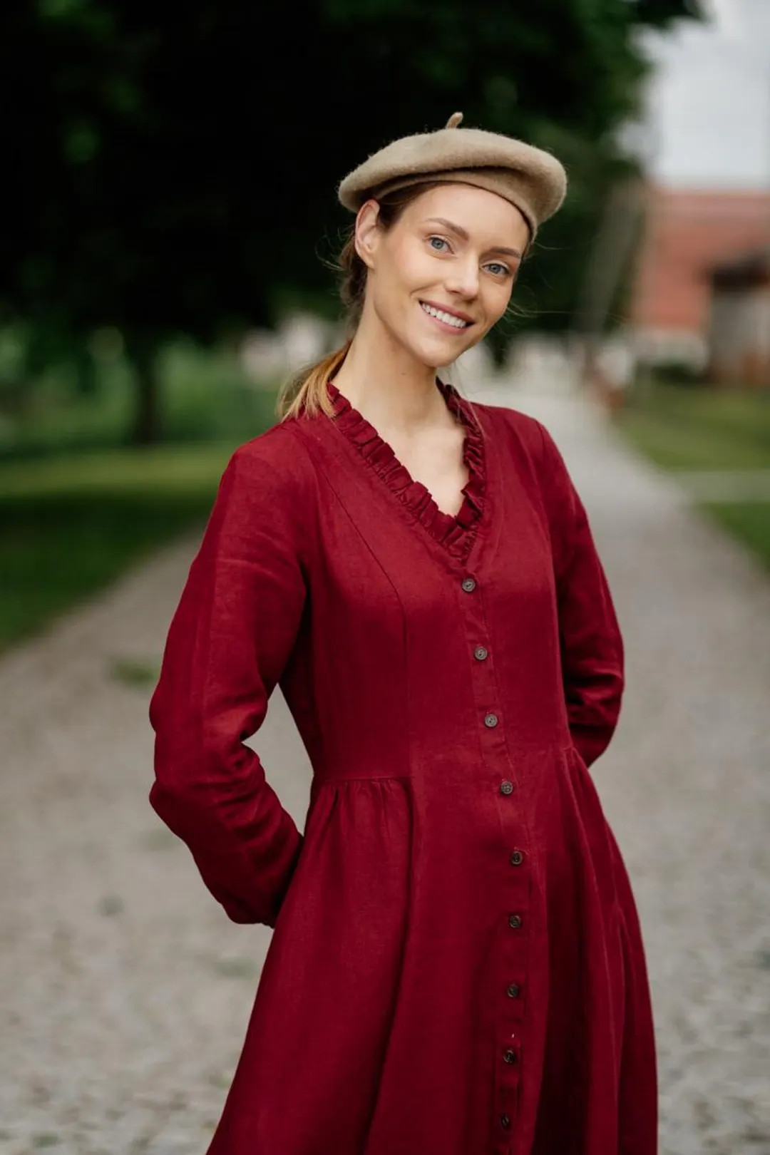 Ophelia – Ruffled V-Neck Linen Midi Dress | Etsy (US)