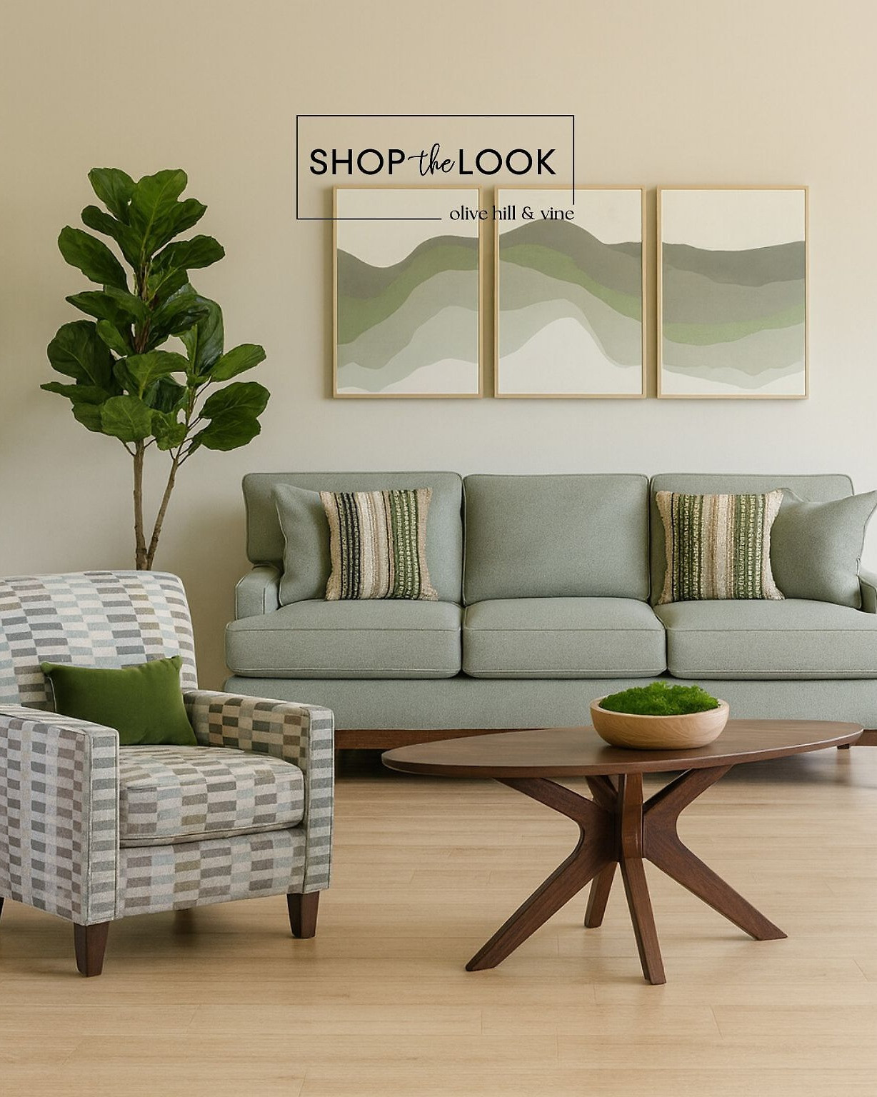 A soothing blend of modern and mid-century design—this living room features a sage sofa with velvet pillows, abstract wall art, a geometric accent chair, and a sculptural wood coffee table accented by a moss bowl for natural texture.  

 

#LTKFamily #LTKHome #LTKKids