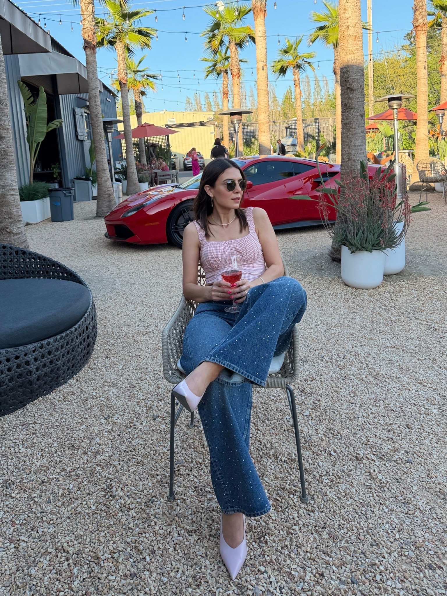 Napa Outfit | spring outfit | date outfit | pink outfit | pink heels | beaded jeans | gingham top | pink top | Zara shoes | Zara heels| heeled slingbacks | festival looks | rhinestones | wide leg jeans | mango jeans 

#LTKdayinmylife #LTKFestival #LTKTravel