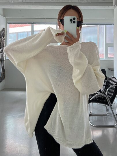 DAZY Split Hem Drop Shoulder Sweater
   SKU: sw2206015338635853      
          (30 Reviews)
    ... | SHEIN