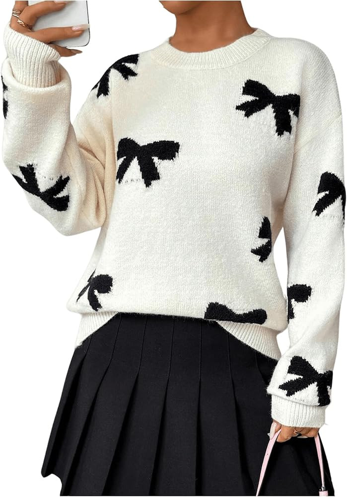 GORGLITTER Women's Bow Sweater Long Sleeve Crew Neck Vintage Y2k Knitted Sweater | Amazon (US)