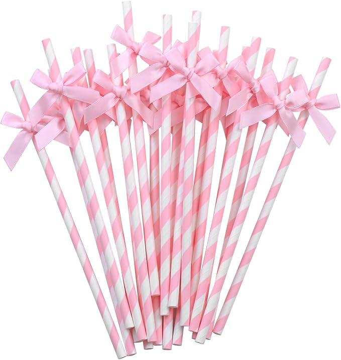 20pcs Pink Bow Straw, 7.7inch Cake Pops Treat Sticks Biodegradable Cute Paper Straw, Wedding, Pic... | Amazon (US)